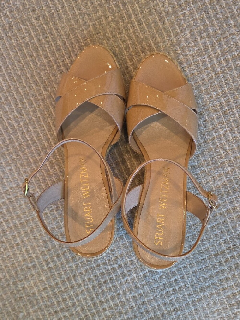 Stuart Weitzman Patent Leather Espadrille Wedge Sandals in Nude - Picture 10 of 14